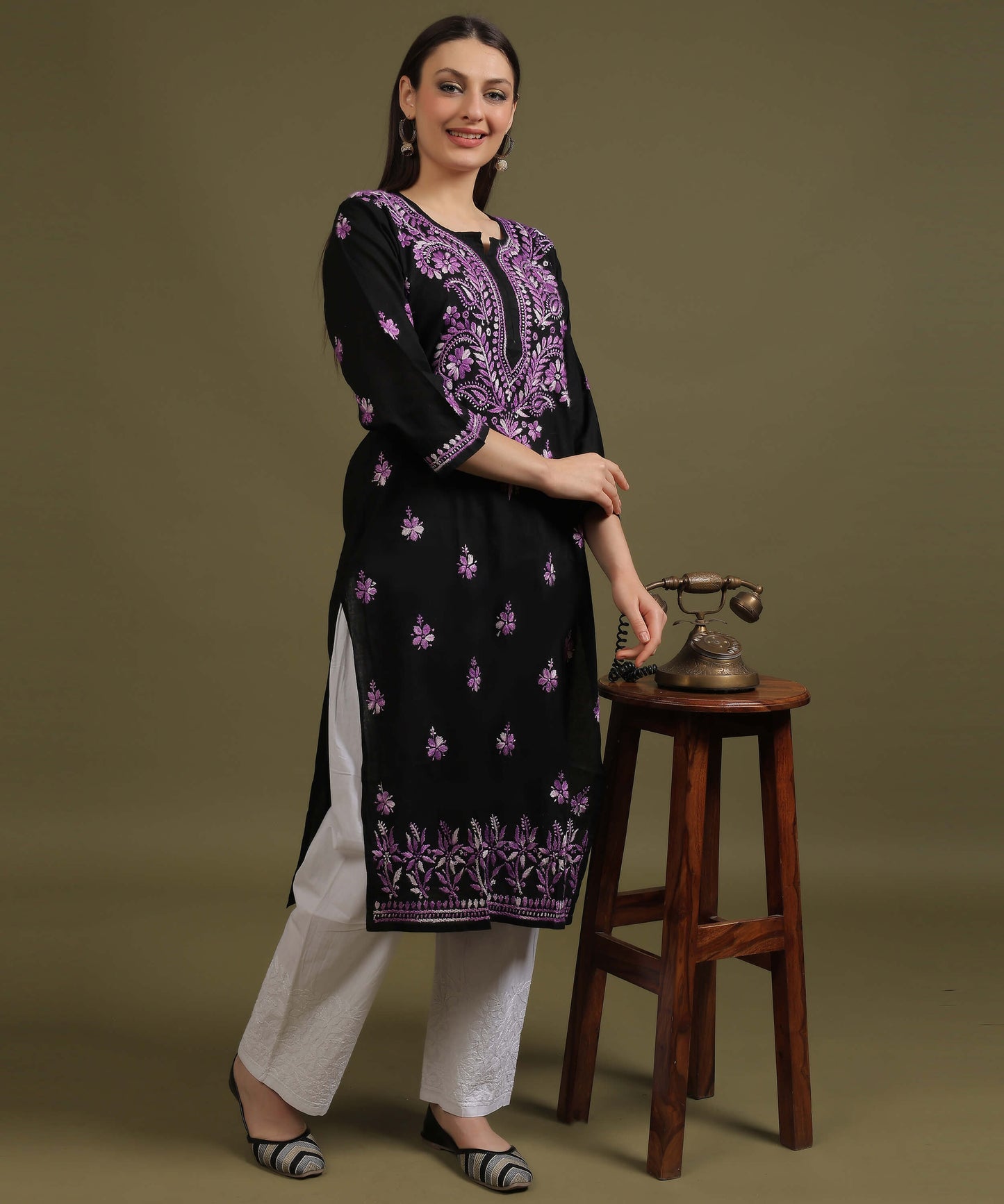 NEA Chikankari Black Cotton Kurti With Purple Embroidery