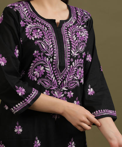 NEA Chikankari Black Cotton Kurti With Purple Embroidery