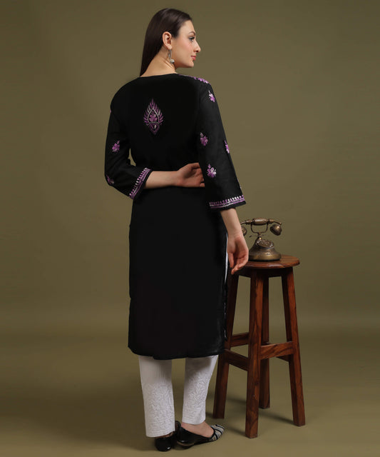NEA Chikankari Black Cotton Kurti With Purple Embroidery