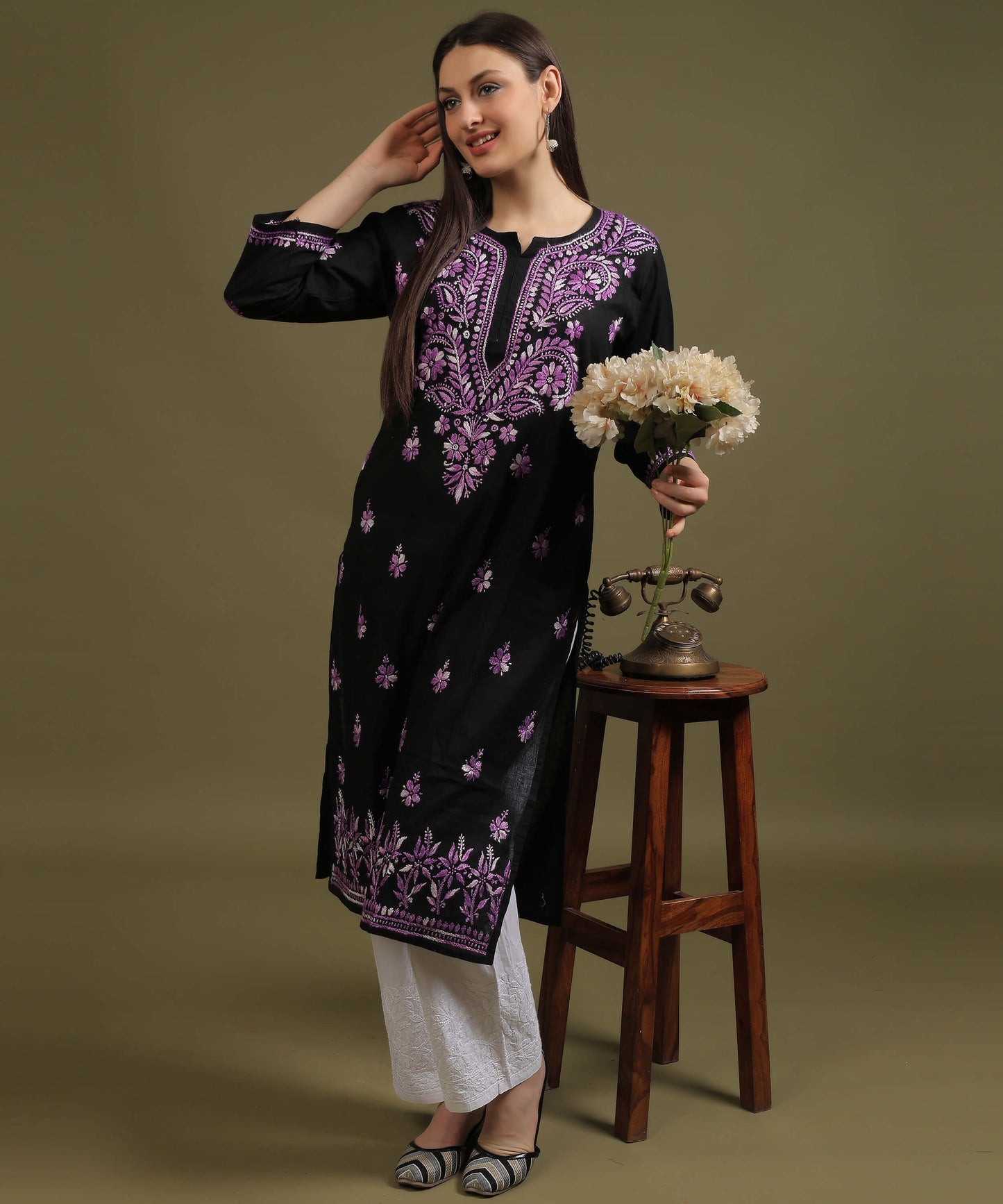 NEA Chikankari Black Cotton Kurti With Purple Embroidery