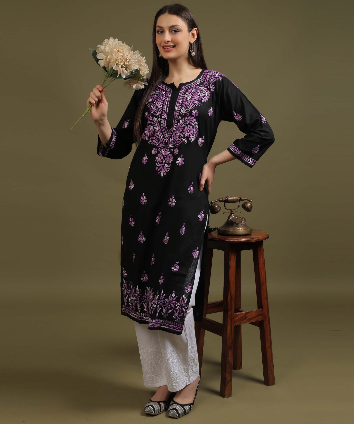 NEA Chikankari Black Cotton Kurti With Purple Embroidery