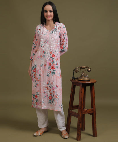 NEA Chikankari Mulmul Printed Pink Kurta With White Embroidery