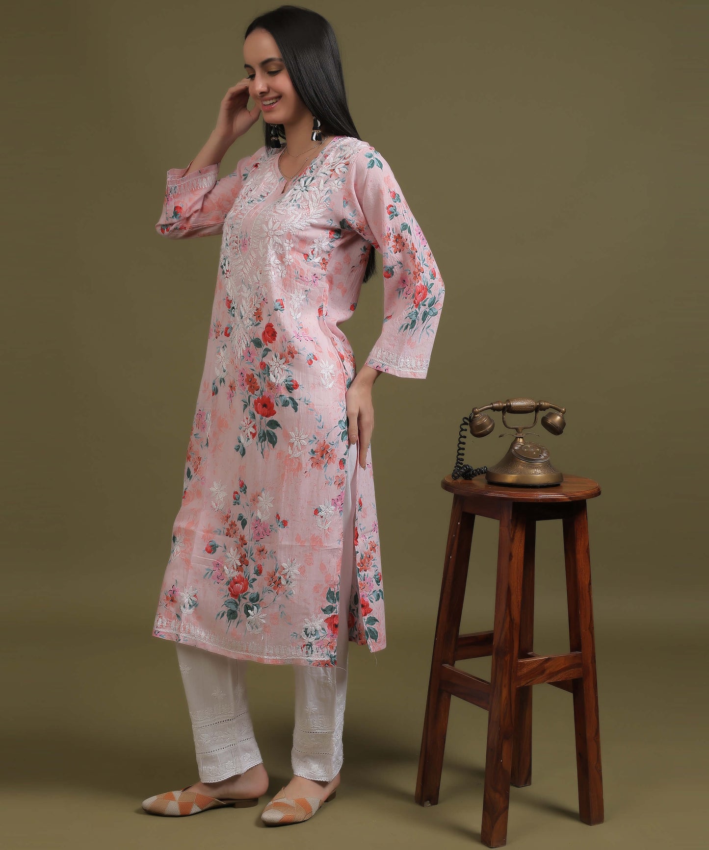NEA Chikankari Mulmul Printed Pink Kurta With White Embroidery