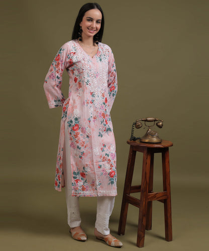NEA Chikankari Mulmul Printed Pink Kurta With White Embroidery