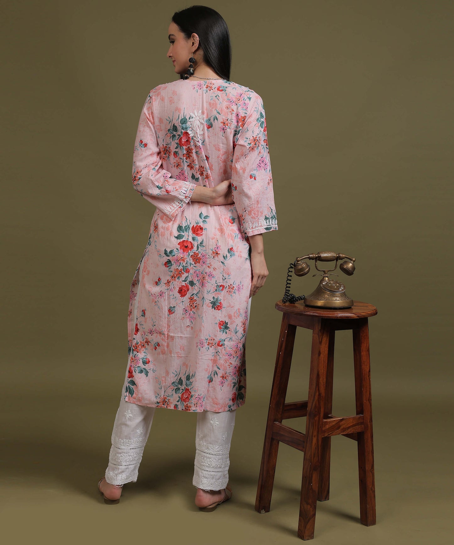 NEA Chikankari Mulmul Printed Pink Kurta With White Embroidery