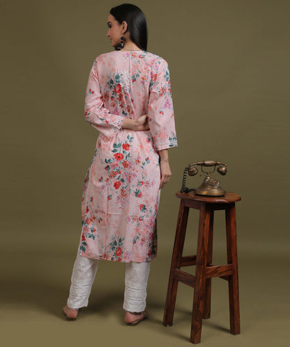 NEA Chikankari Mulmul Printed Pink Kurta With White Embroidery