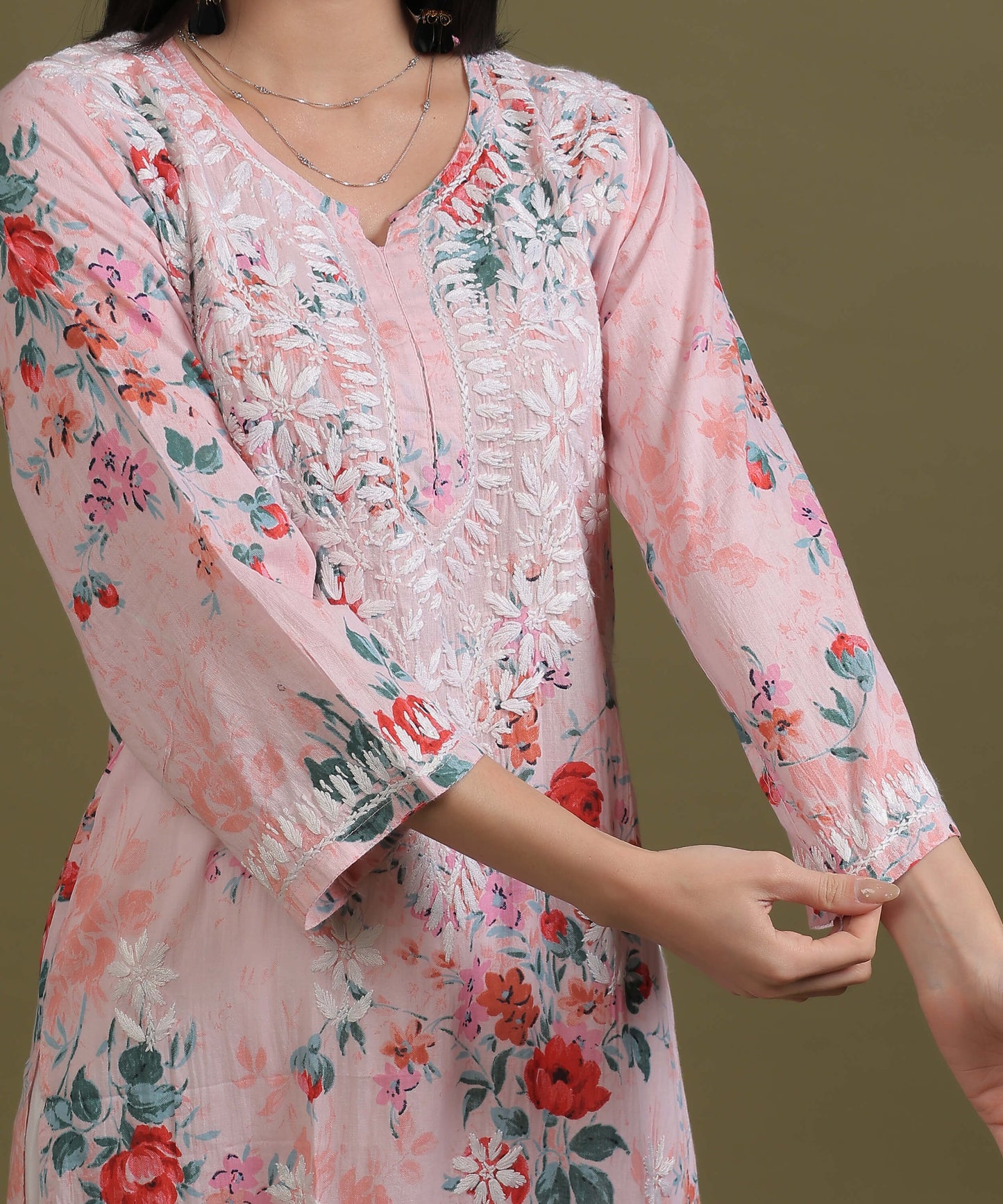 NEA Chikankari Mulmul Printed Pink Kurta With White Embroidery