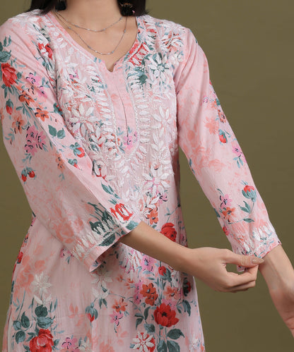 NEA Chikankari Mulmul Printed Pink Kurta With White Embroidery