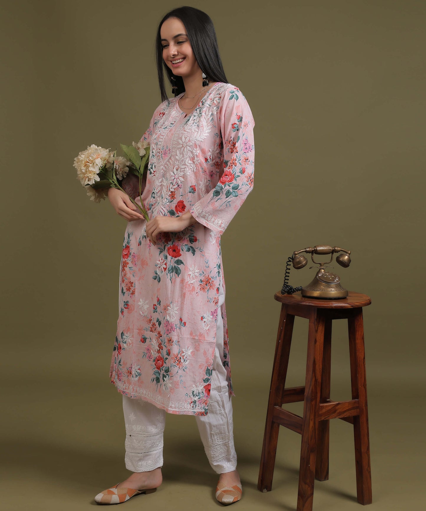 NEA Chikankari Mulmul Printed Pink Kurta With White Embroidery