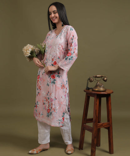 NEA Chikankari Mulmul Printed Pink Kurta With White Embroidery