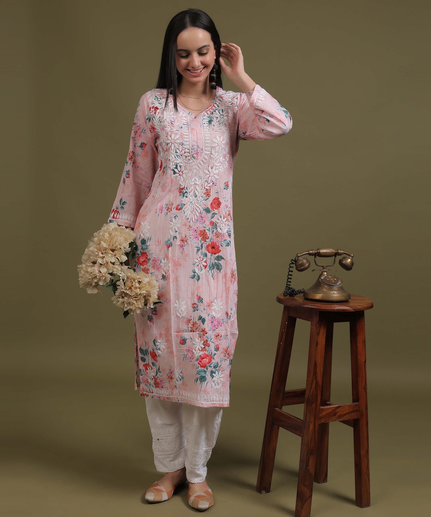 NEA Chikankari Mulmul Printed Pink Kurta With White Embroidery