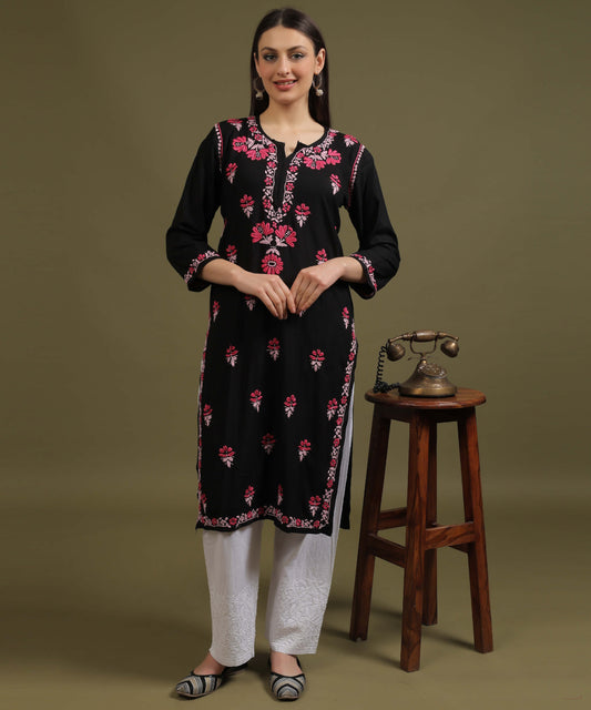 NEA Chikankari Black Rayon Kurti With Red Embroidery
