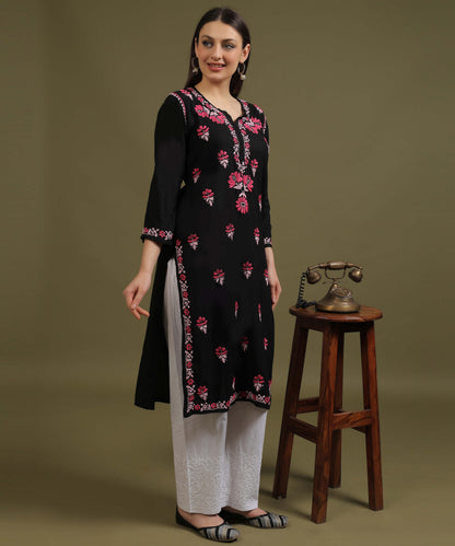 NEA Chikankari Black Rayon Kurti With Red Embroidery