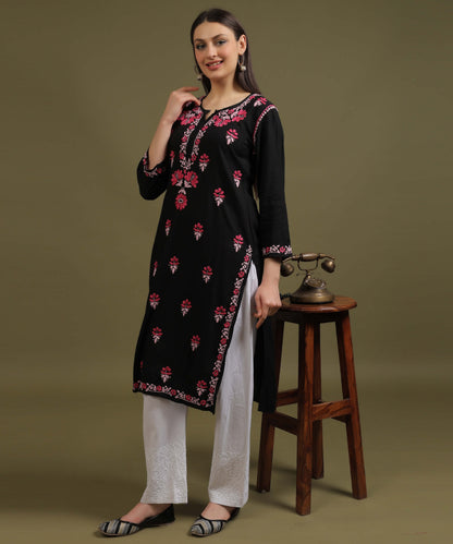 NEA Chikankari Black Rayon Kurti With Red Embroidery