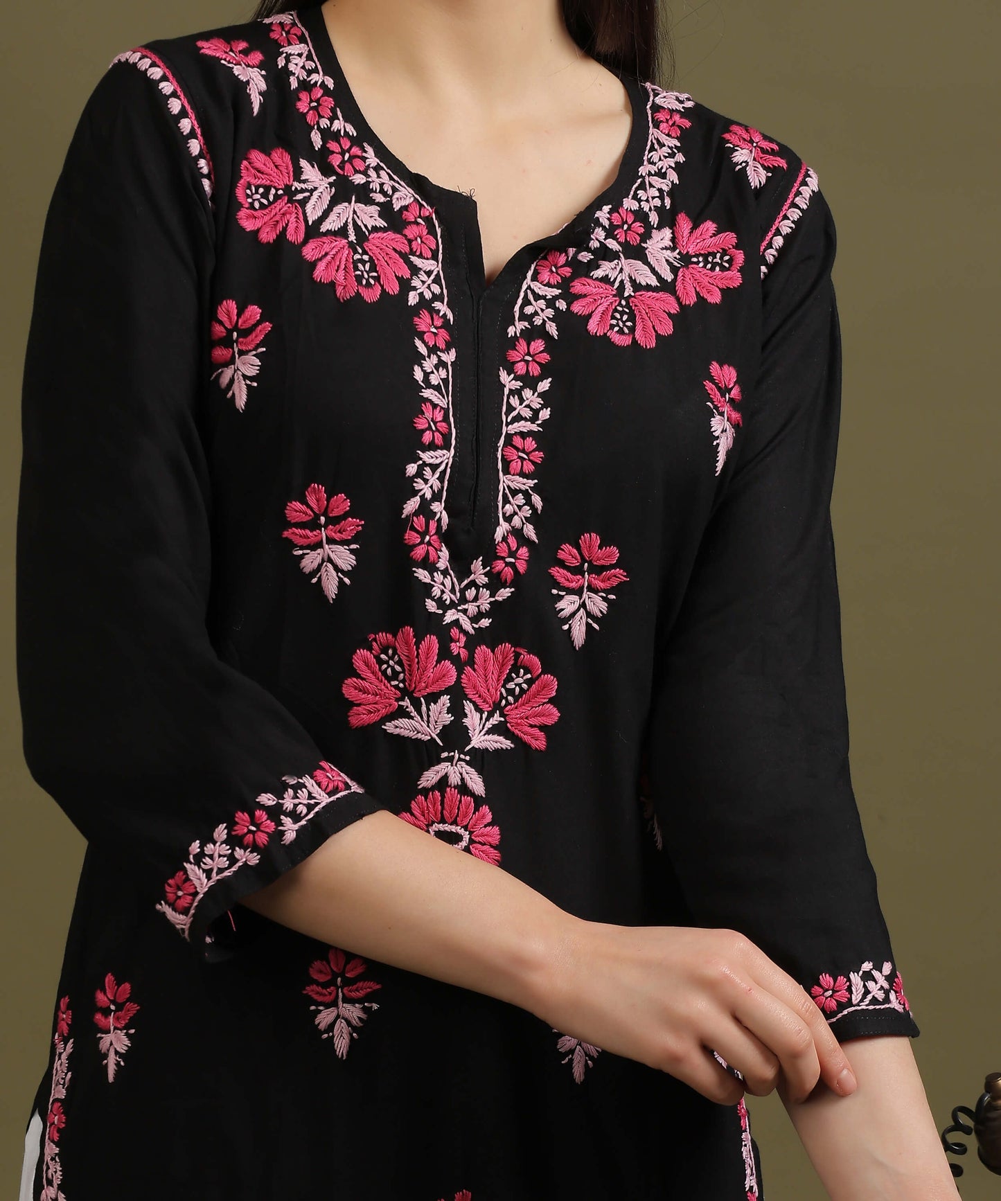 NEA Chikankari Black Rayon Kurti With Red Embroidery