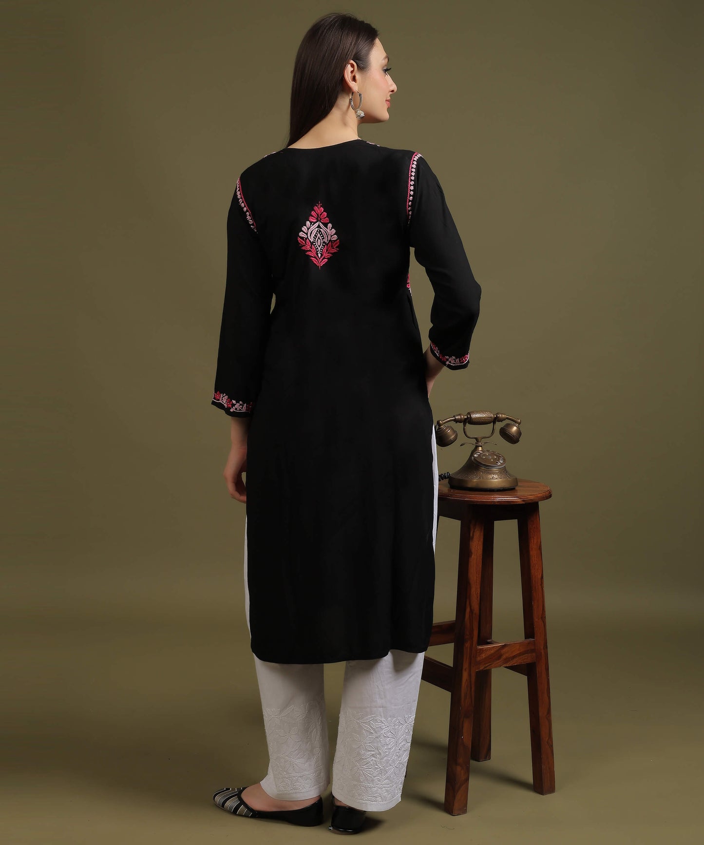 NEA Chikankari Black Rayon Kurti With Red Embroidery