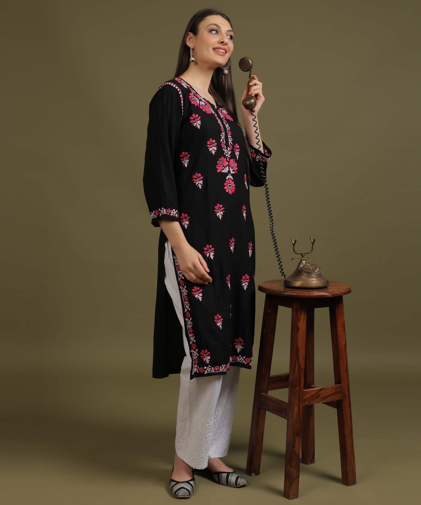 NEA Chikankari Black Rayon Kurti With Red Embroidery