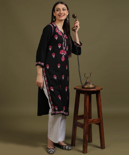 NEA Chikankari Black Rayon Kurti With Red Embroidery