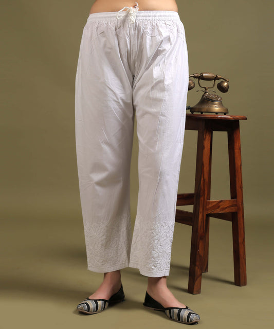 NEA Chikankari Embroidered White Cotton Palazzo Pant