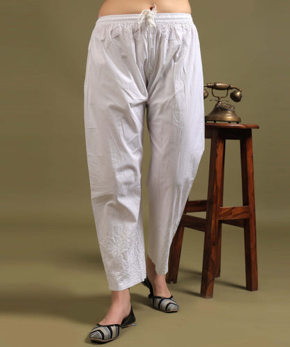NEA Chikankari Embroidered White Cotton Palazzo Pant