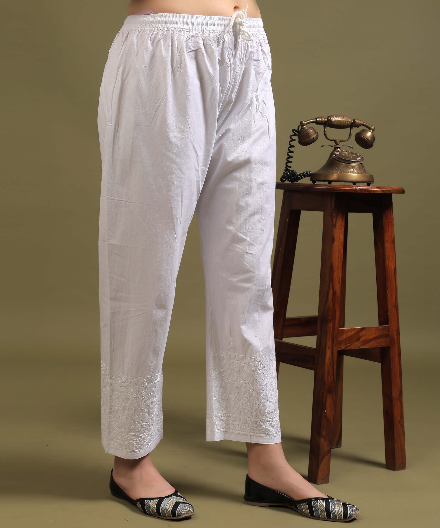NEA Chikankari Embroidered White Cotton Palazzo Pant