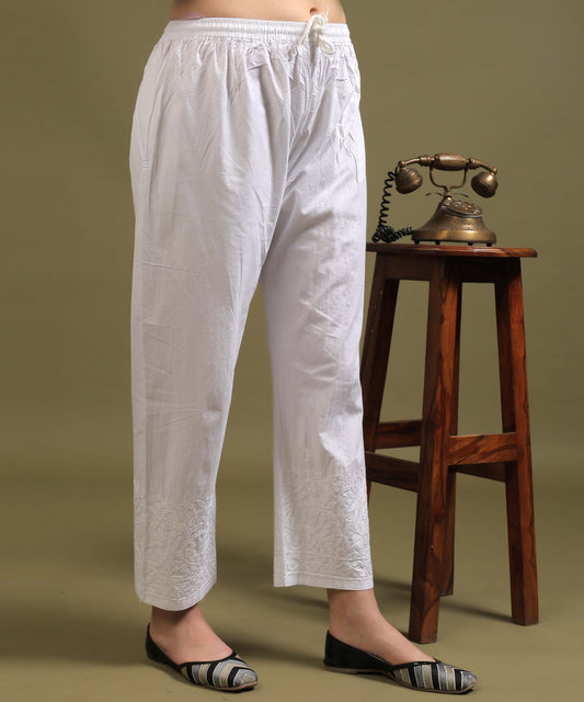 NEA Chikankari Embroidered White Cotton Palazzo Pant