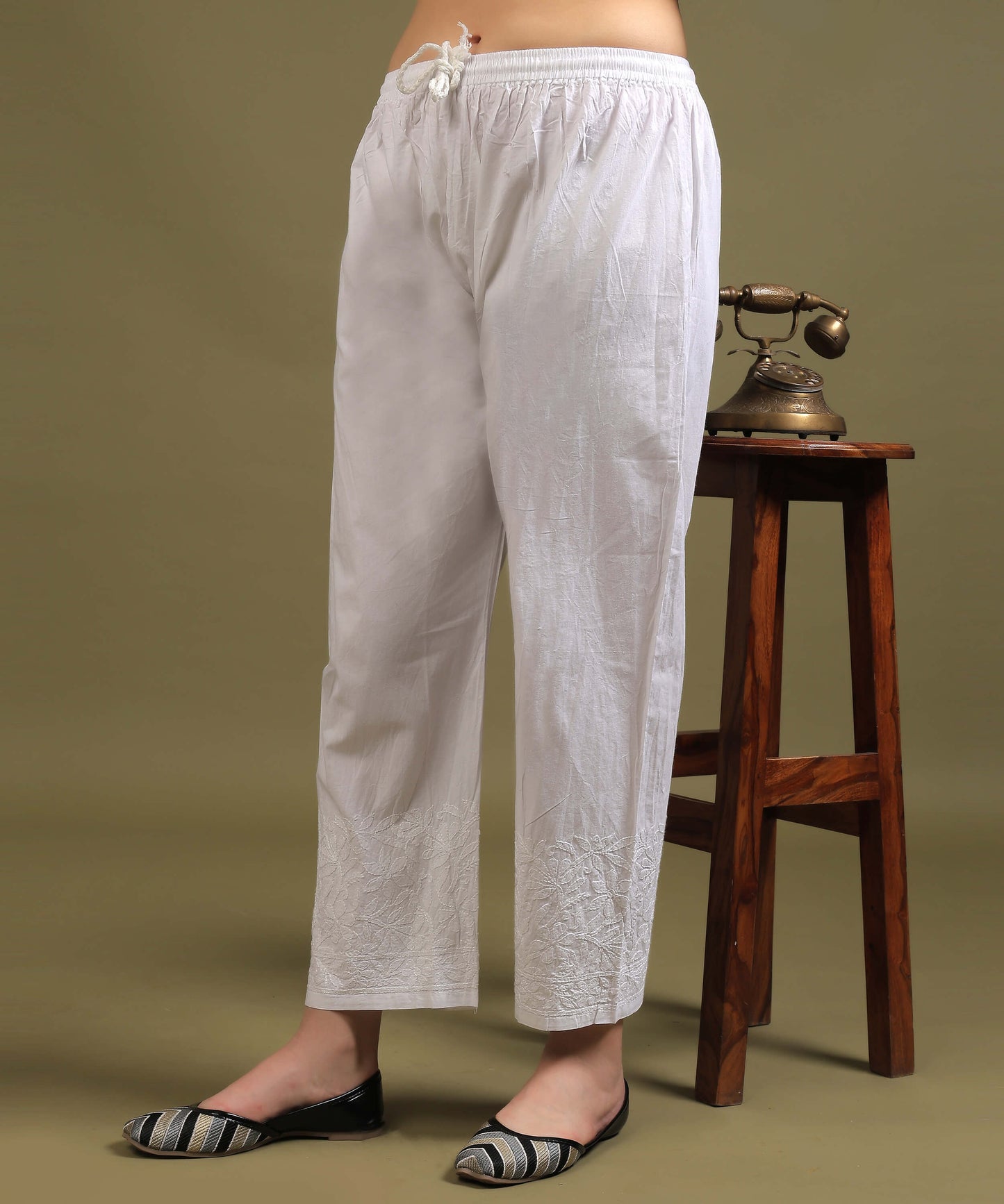 NEA Chikankari Embroidered White Cotton Palazzo Pant