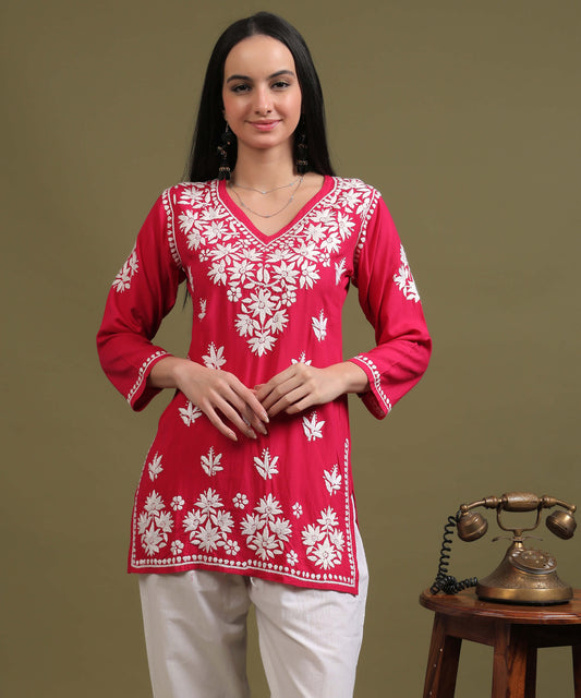 NEA Chikankari Red Rayon Short Kurti WIth White Embroidery