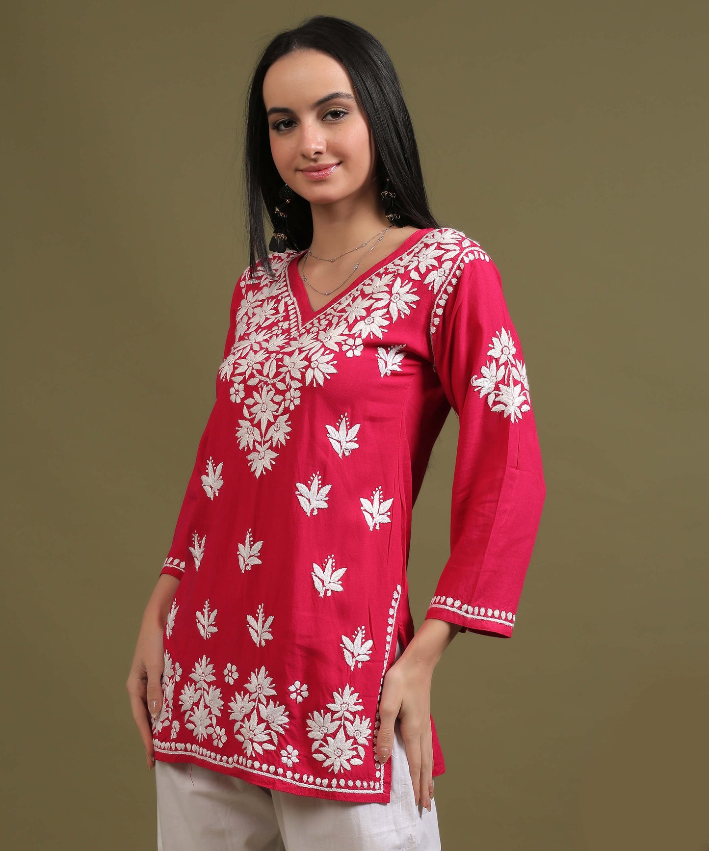 NEA Chikankari Red Rayon Short Kurti WIth White Embroidery