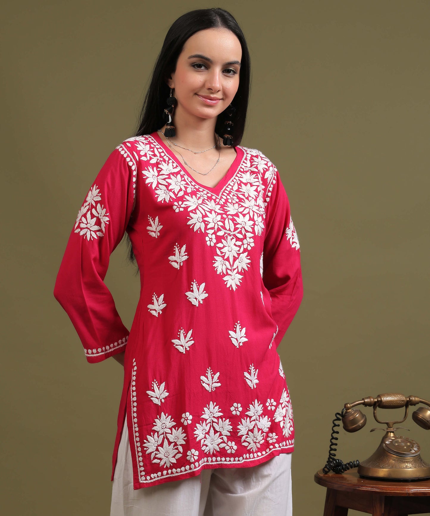 NEA Chikankari Red Rayon Short Kurti WIth White Embroidery