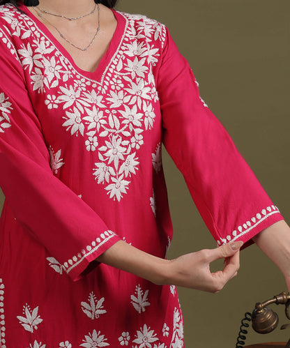 NEA Chikankari Red Rayon Short Kurti WIth White Embroidery