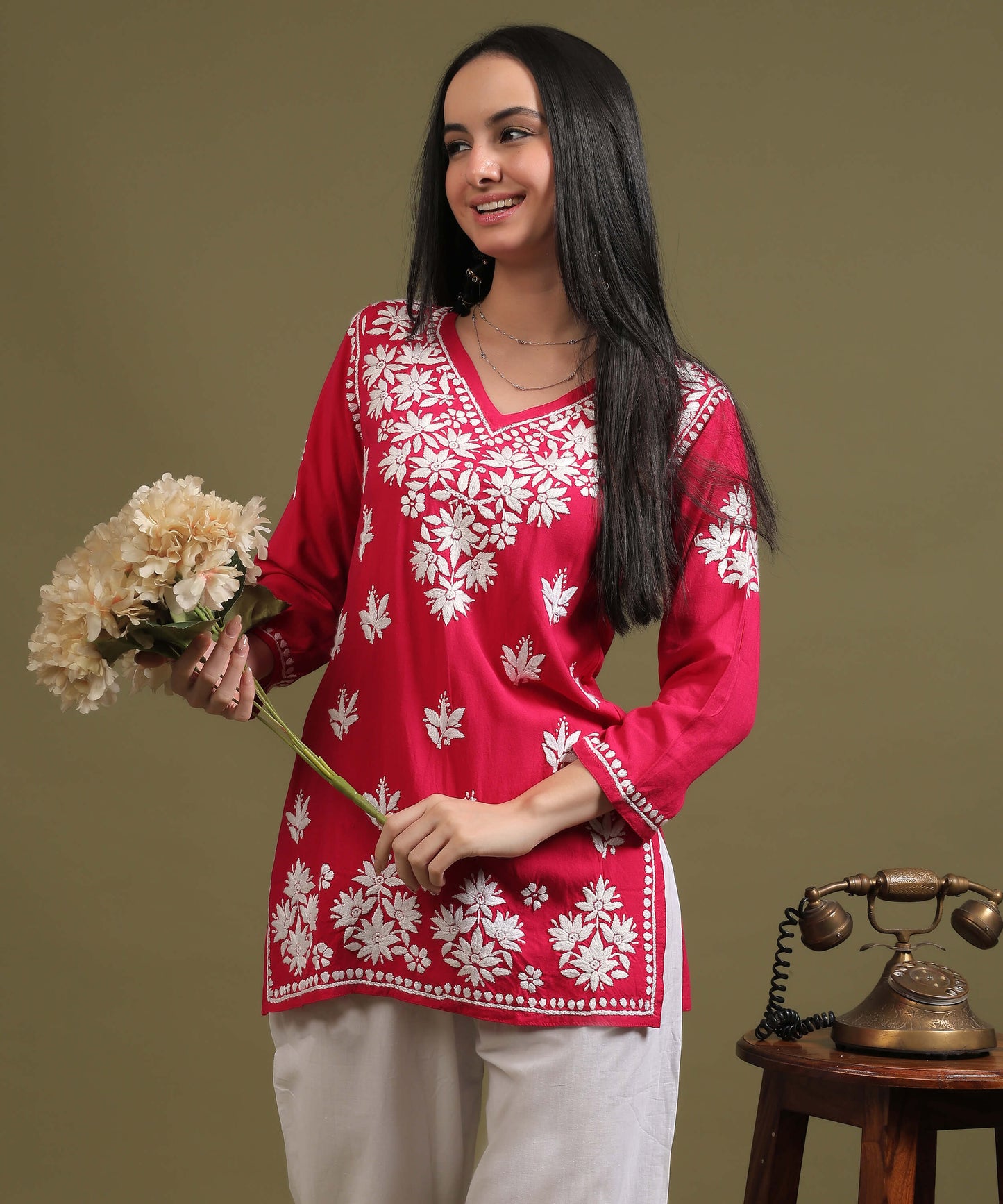 NEA Chikankari Red Rayon Short Kurti WIth White Embroidery