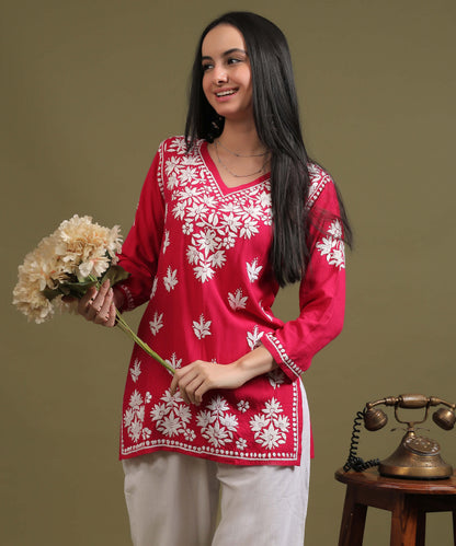 NEA Chikankari Red Rayon Short Kurti WIth White Embroidery