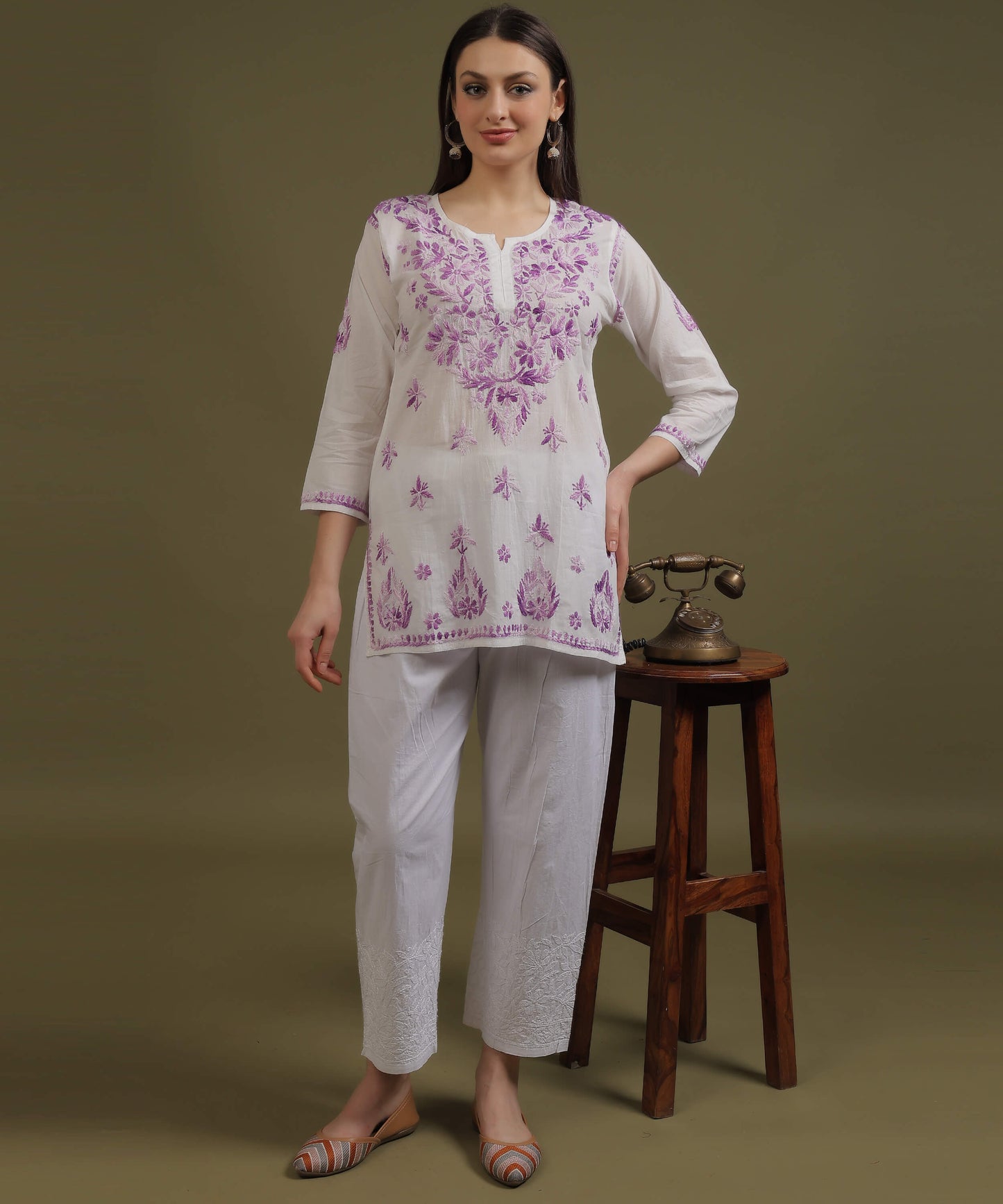NEA Chikankari White Cambric Cotton Short Kurti With Shaded Purple Embroidery