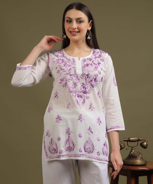 NEA Chikankari White Cambric Cotton Short Kurti With Shaded Purple Embroidery