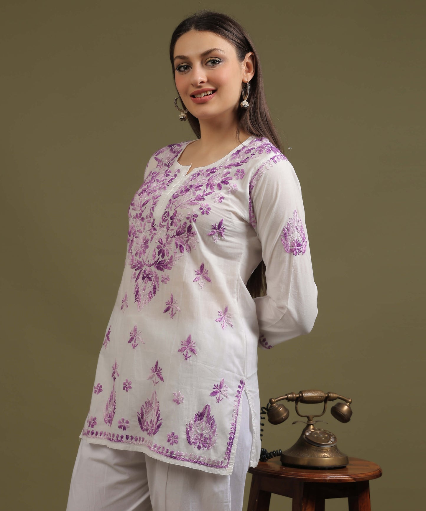 NEA Chikankari White Cambric Cotton Short Kurti With Shaded Purple Embroidery
