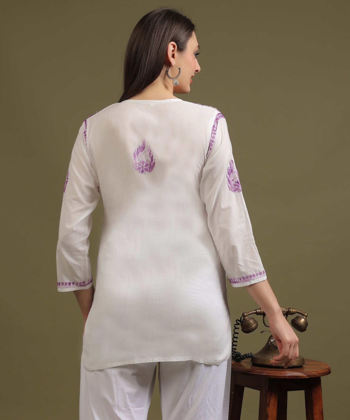 NEA Chikankari White Cambric Cotton Short Kurti With Shaded Purple Embroidery