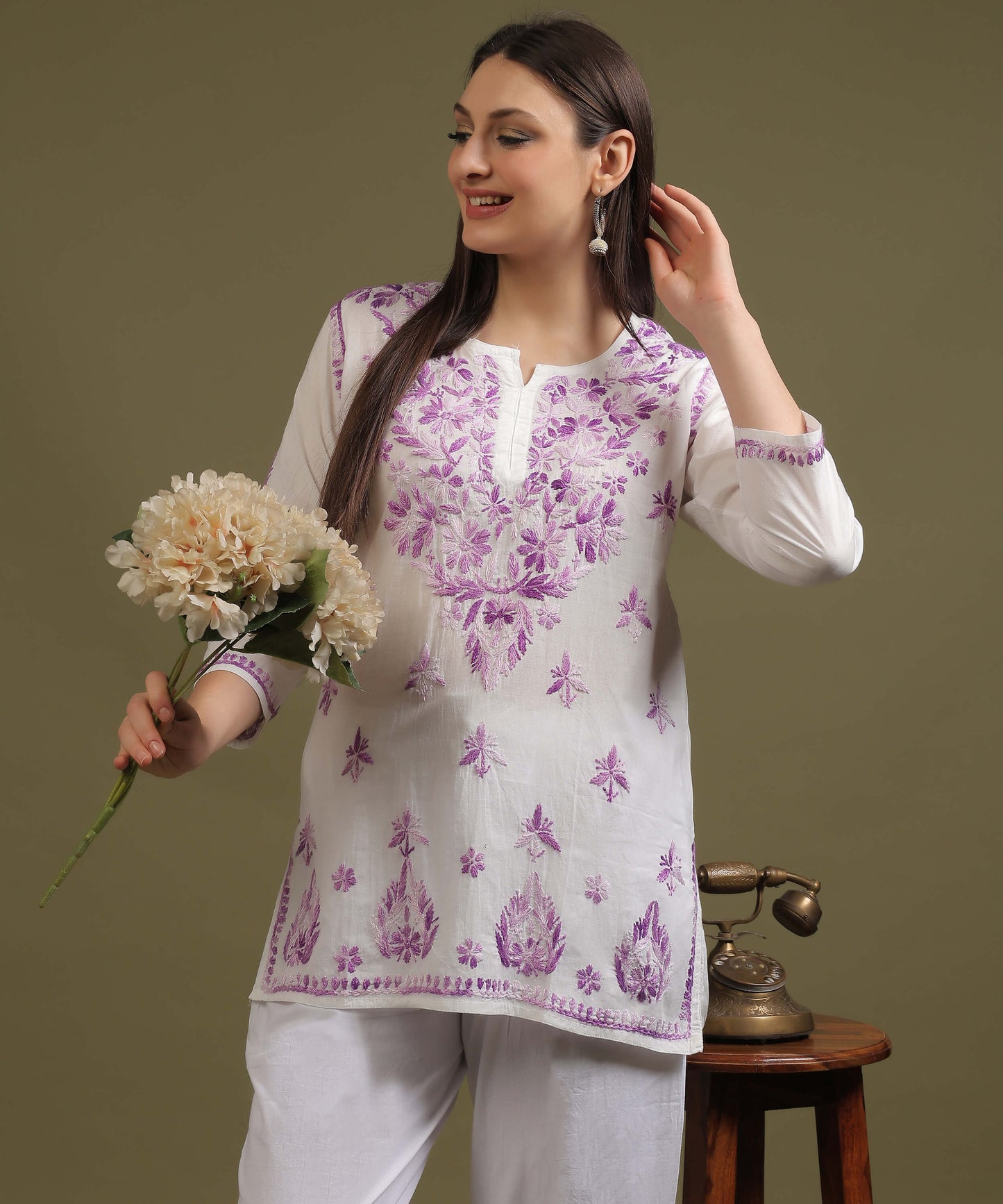 NEA Chikankari White Cambric Cotton Short Kurti With Shaded Purple Embroidery