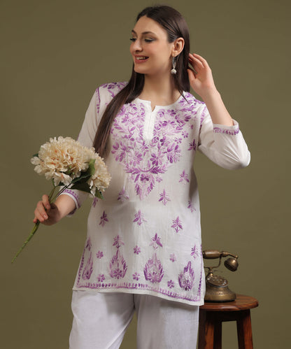 NEA Chikankari White Cambric Cotton Short Kurti With Shaded Purple Embroidery