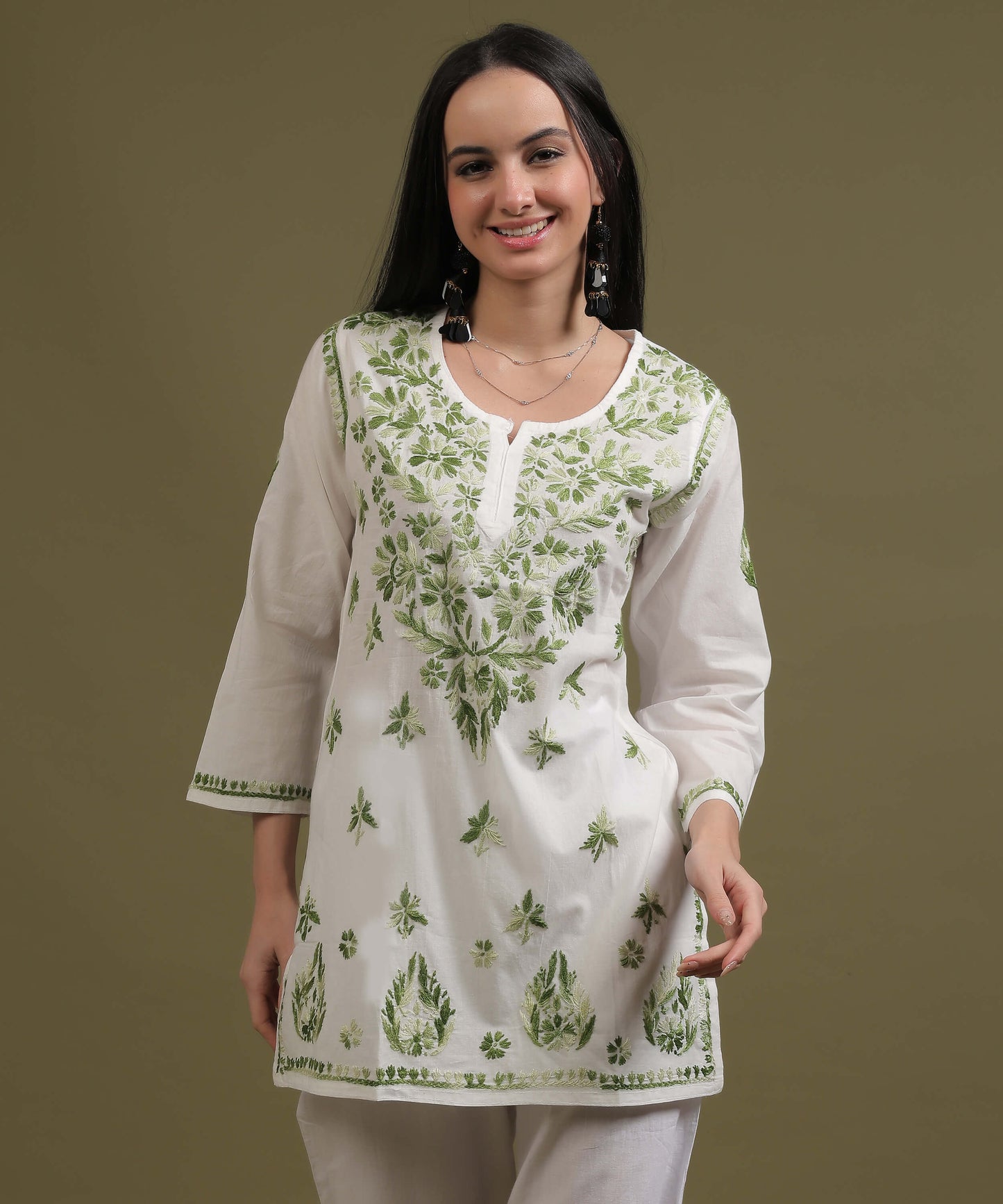 NEA Chikankari White Cambric Cotton Short Kurti With Shaded Green Embroidery