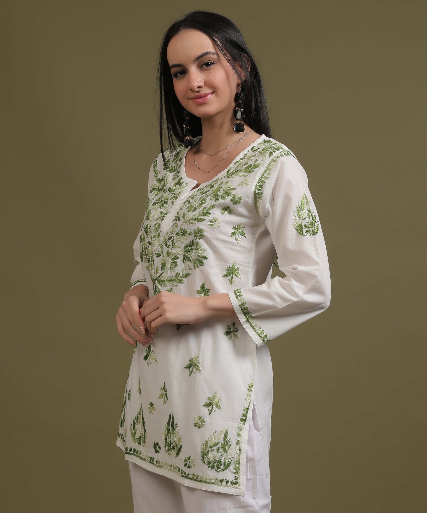 NEA Chikankari White Cambric Cotton Short Kurti With Shaded Green Embroidery