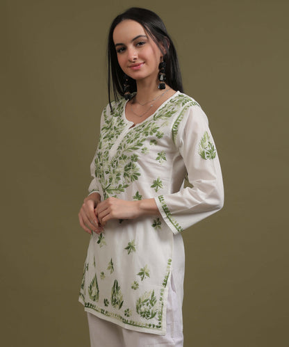 NEA Chikankari White Cambric Cotton Short Kurti With Shaded Green Embroidery