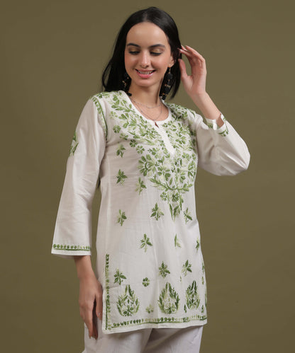 NEA Chikankari White Cambric Cotton Short Kurti With Shaded Green Embroidery