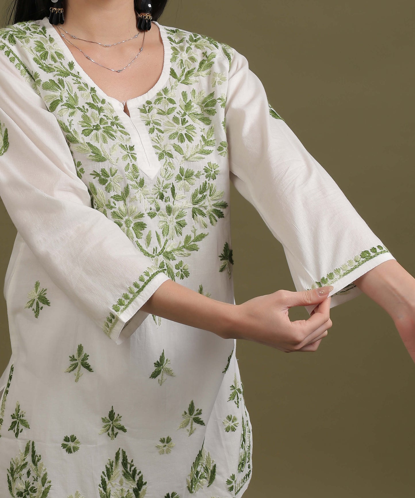 NEA Chikankari White Cambric Cotton Short Kurti With Shaded Green Embroidery
