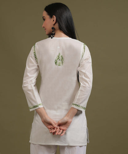 NEA Chikankari White Cambric Cotton Short Kurti With Shaded Green Embroidery