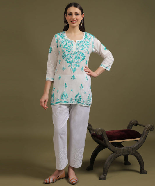 NEA Chikankari White Cambric Cotton Short Kurti WIth Shaded Sky Blue Embroidery