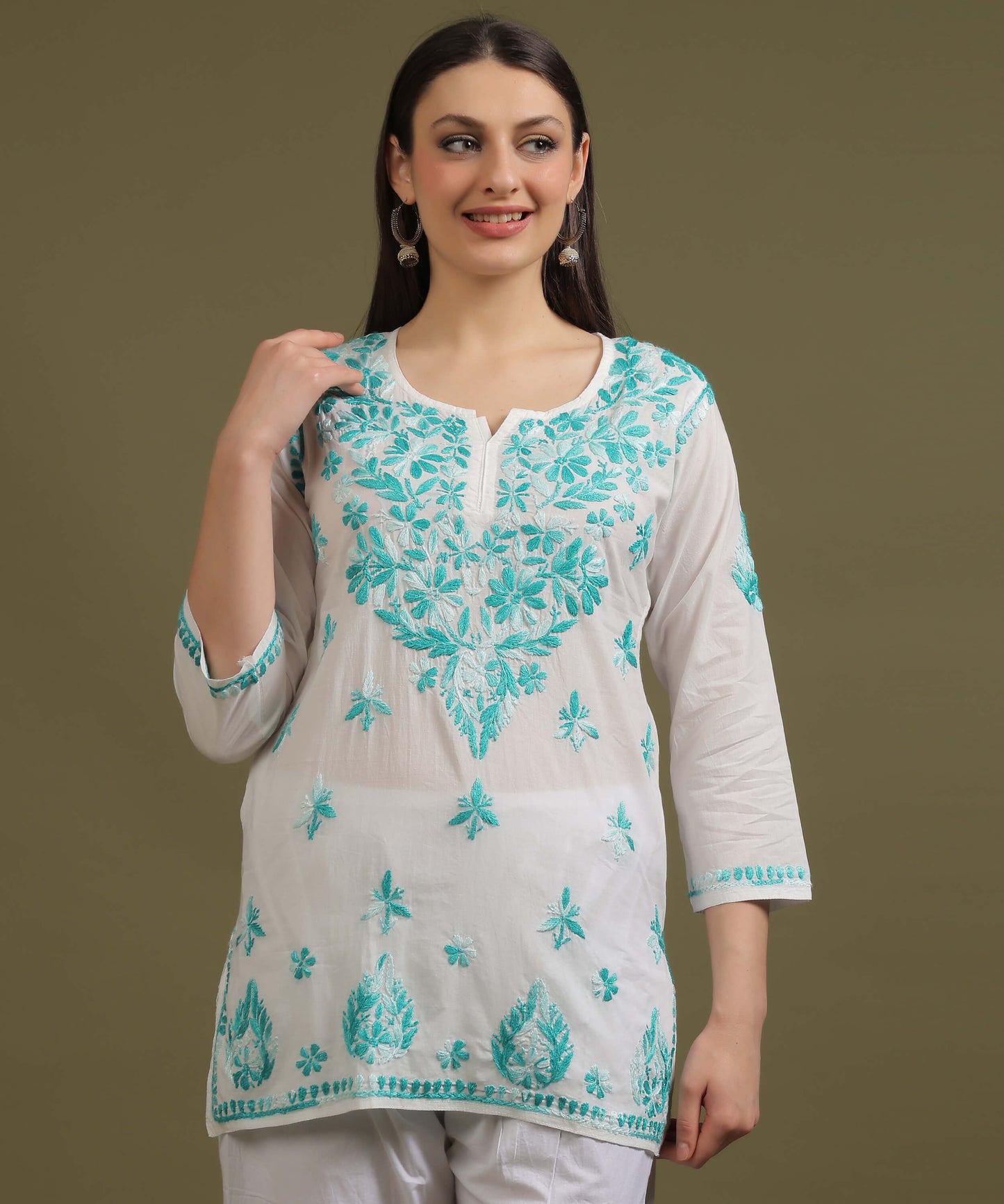 NEA Chikankari White Cambric Cotton Short Kurti WIth Shaded Sky Blue Embroidery