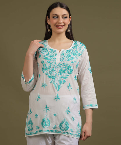NEA Chikankari White Cambric Cotton Short Kurti WIth Shaded Sky Blue Embroidery