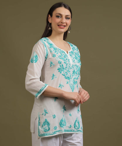 NEA Chikankari White Cambric Cotton Short Kurti WIth Shaded Sky Blue Embroidery