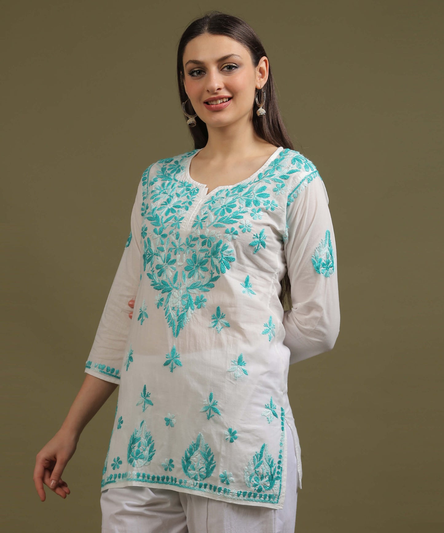NEA Chikankari White Cambric Cotton Short Kurti WIth Shaded Sky Blue Embroidery